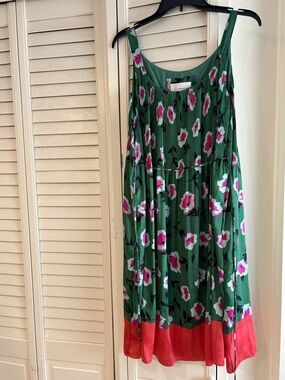 Anthropologie Green Floral Midi Dress with Pink Border